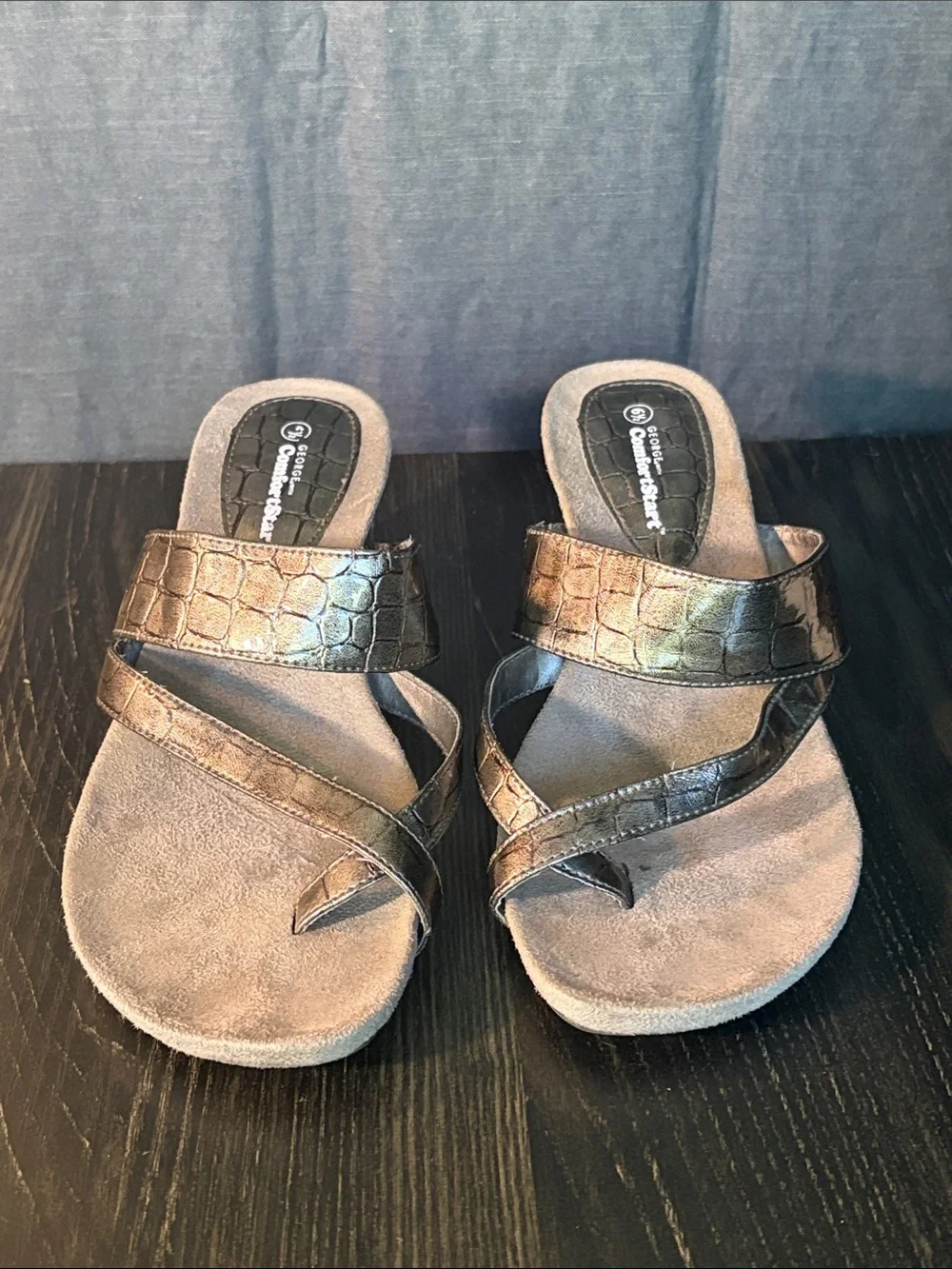 George Metallic Bronze Croc-Embossed Slide Sandals with Crisscross Straps
